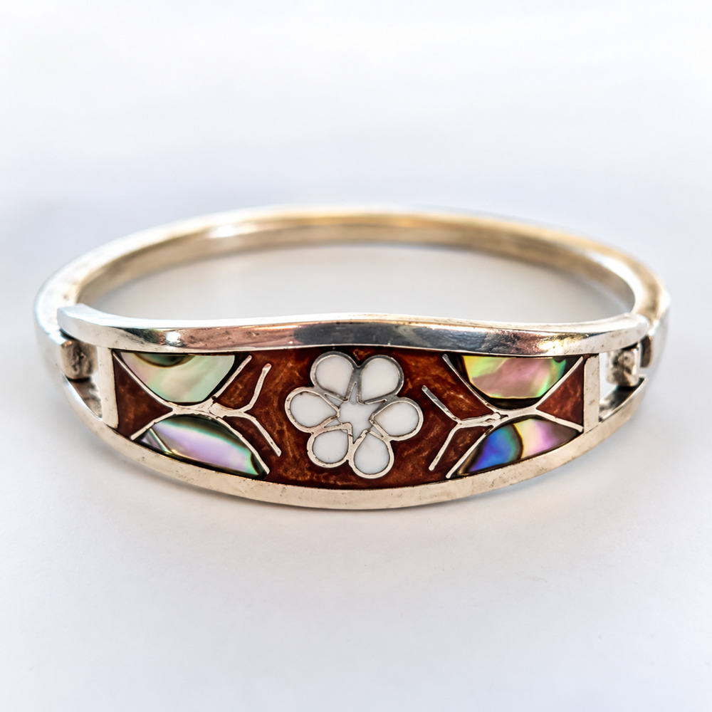 Vintage Alpaca Mexico Child Bracelet MOP Abalone Flower Inlay Hinged Bangle